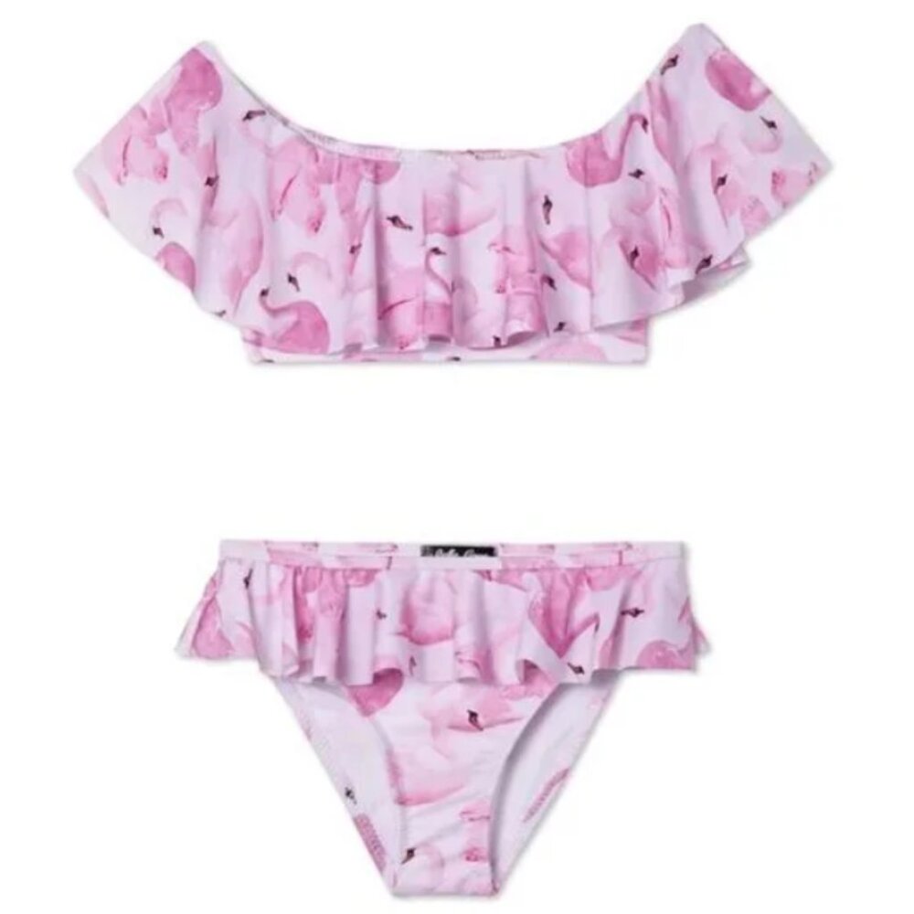 NWT STELLA COVE Ruffled Pink Flamingos off the shoulder swimsuit 4T